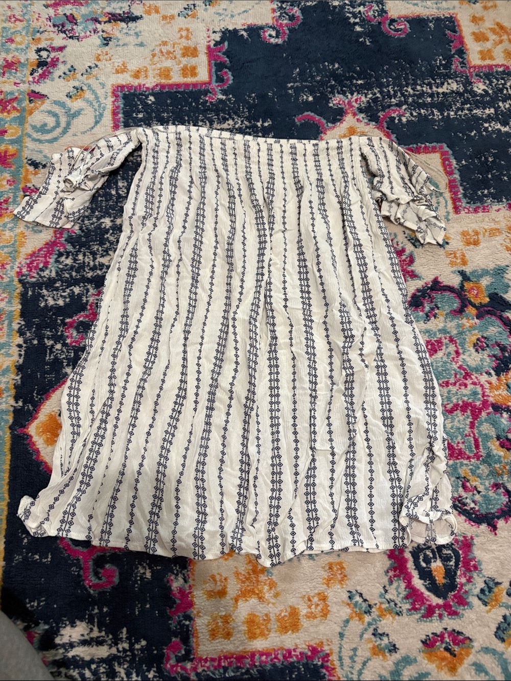 Exist Off-Shoulder Striped Boho Top in White and Navy
